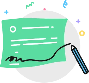 illustration of a branded document being signed by a pencil